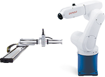 A cartesian robot and an articulated robot