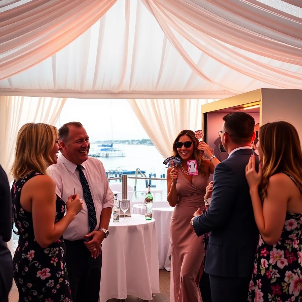 Photo booth at waterfront tent reception on Cape Cod harbor