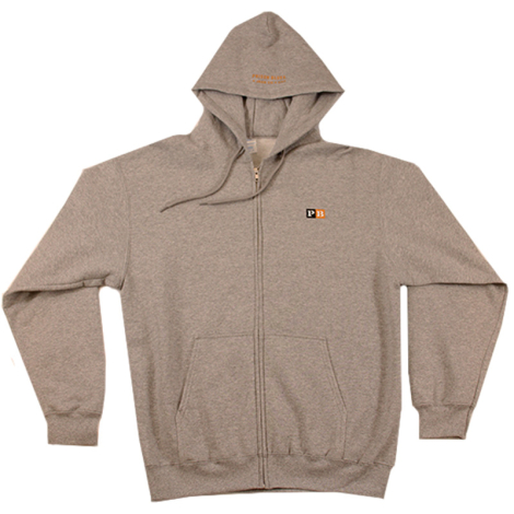 Full Zipper Hooded Sweatshirt Charcoal Heather w/White, Black, and Orange Letter Block Logo