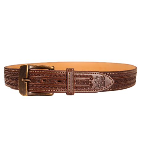 Hand-Tooled Brown Leather Belt with Antique Brass Buckle