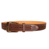 Hand-Tooled Brown Leather Belt with Antique Brass Buckle
