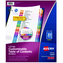 customizable table of contents ready index multicolor dividers, 31-tab, 1 to 31, 11 x 8.5, white, 6 sets