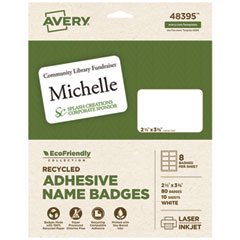 Ecofriendly Adhesive Name Badge Labels, 3.38 X 2.33, White, 80/pack