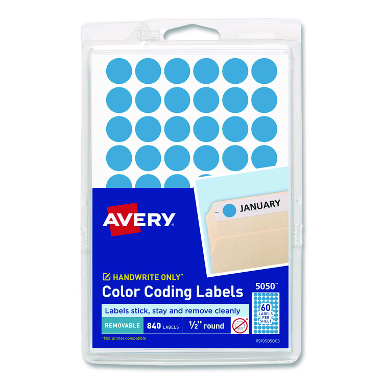 Handwrite Only Self-Adhesive Removable Round Color-Coding Labels, 0.5