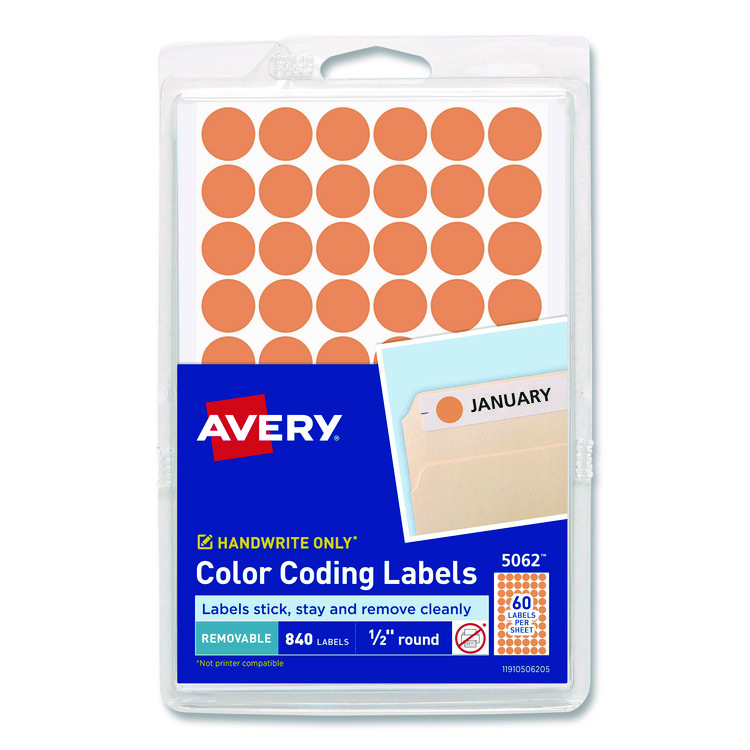 Handwrite Only Self-Adhesive Removable Round Color-Coding Labels, 0.5