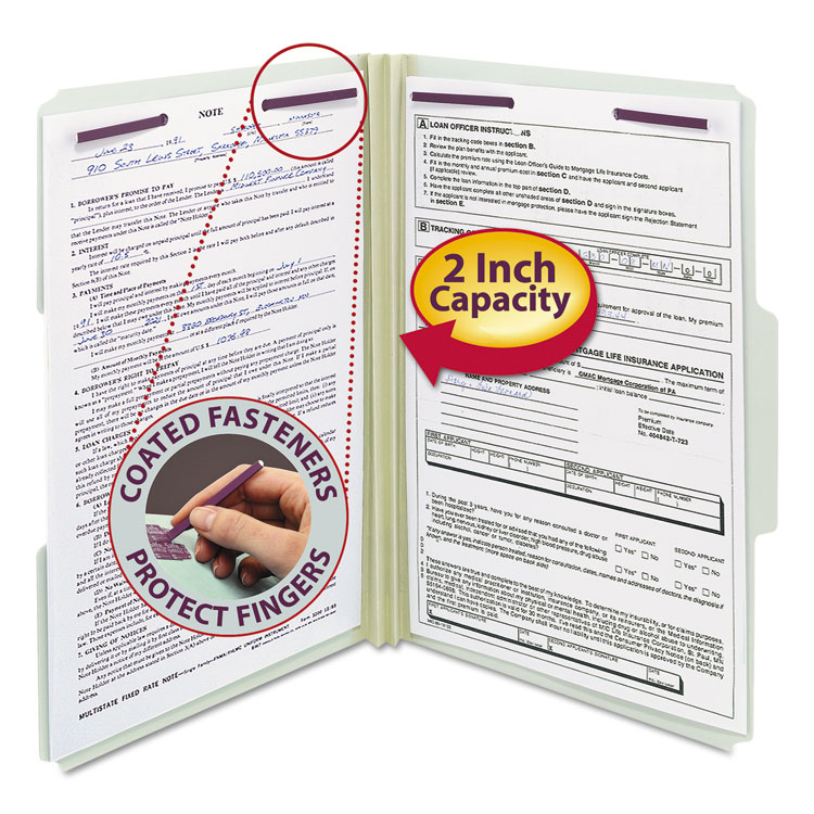 Recycled Pressboard Fastener Folders, 1/3-Cut Tabs, Two SafeSHIELD Fasteners, 2