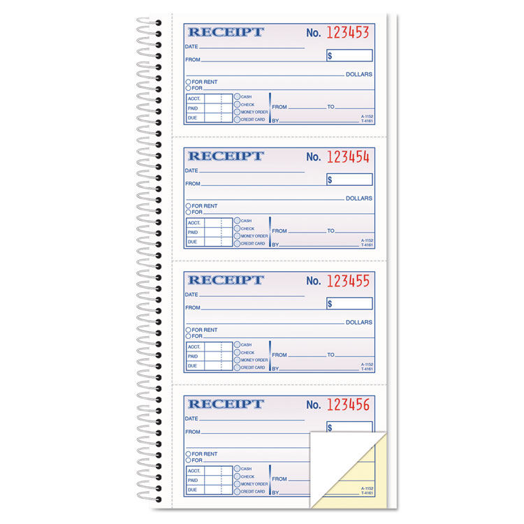 Spiralbound Money and Rent Receipt Book, Two-Part Carbonless, 4.75 x 2.75, 4 Forms/Sheet, 200 Forms Total