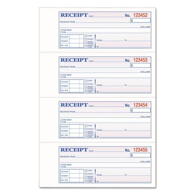 TOPS 3-Part Hardbound Receipt Book, Three-Part Carbonless, 7 x 2.75, 4 Forms/Sheet, 200 Forms Total