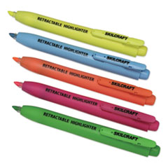 SKILCRAFT Retractable Highlighter, Assorted Ink Colors, Chisel Tip, Assorted Barrel Colors, 5/Set