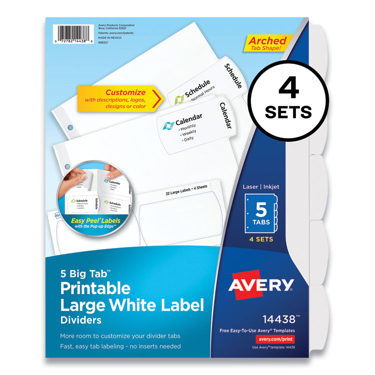 Big Tab Printable Large White Label Tab Dividers, 5-Tab, 11 X 8.5, White, 4 Sets