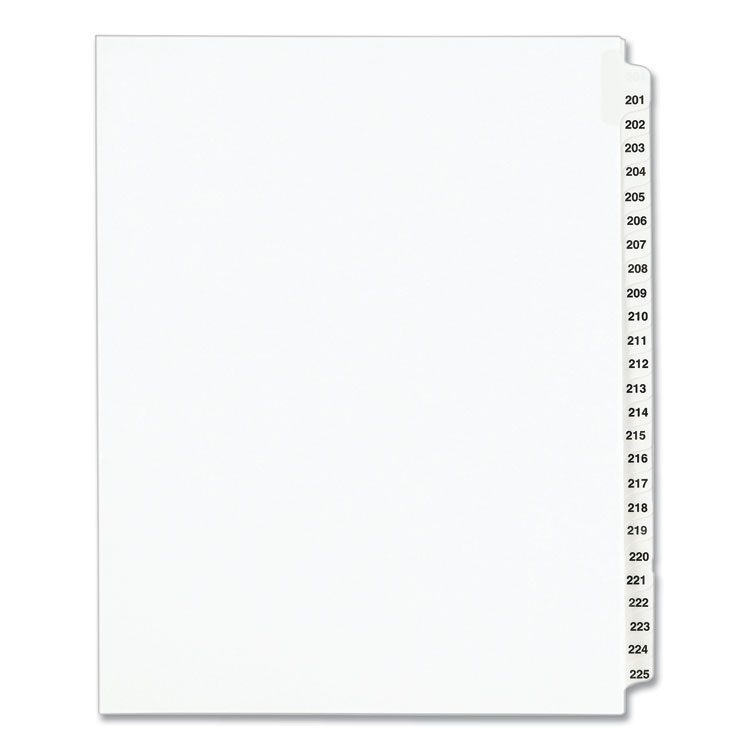 Preprinted Legal Exhibit Side Tab Index Dividers, Avery Style, 25-Tab, 201 To 225, 11 X 8.5, White, 1 Set, (1338)