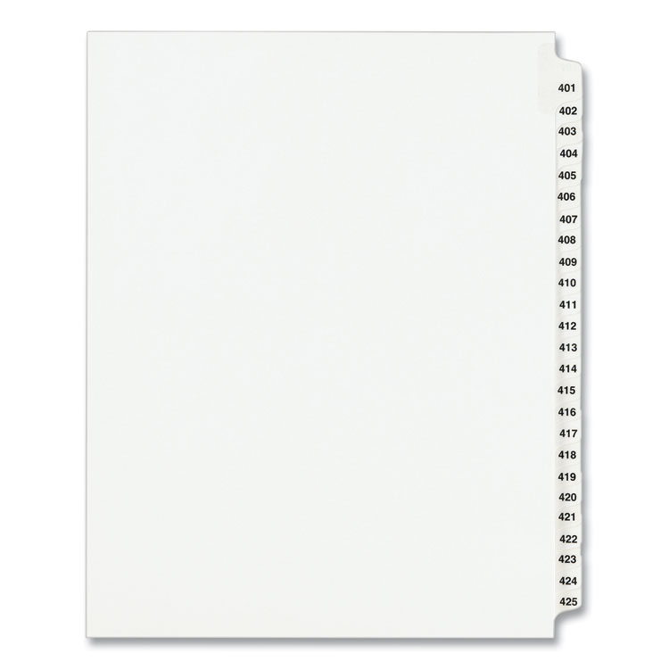 Preprinted Legal Exhibit Side Tab Index Dividers, Avery Style, 25-Tab, 401 To 425, 11 X 8.5, White, 1 Set, (1346)
