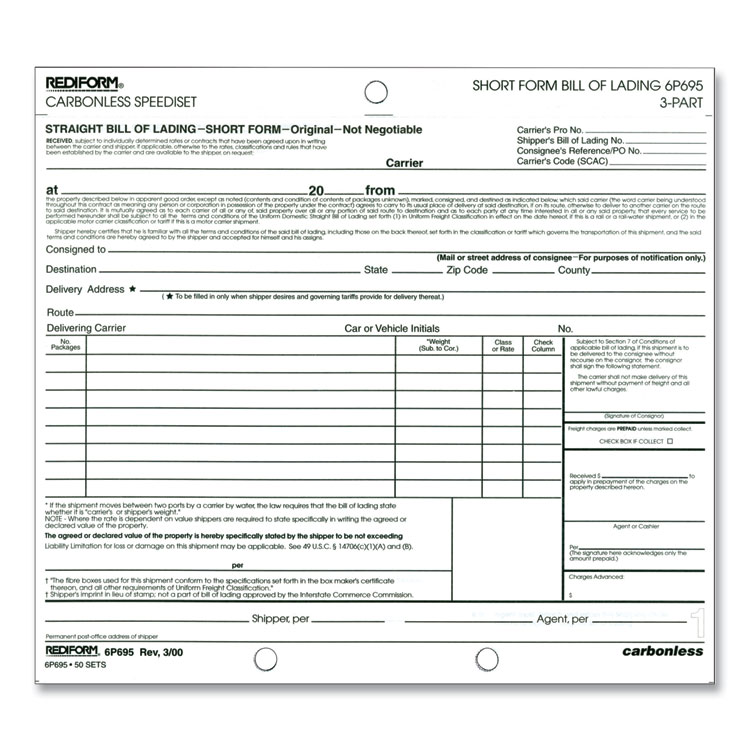 Speediset Bill of Lading, Short Form, Three-Part Carbonless, 7 x 8.5, 50 Forms Total