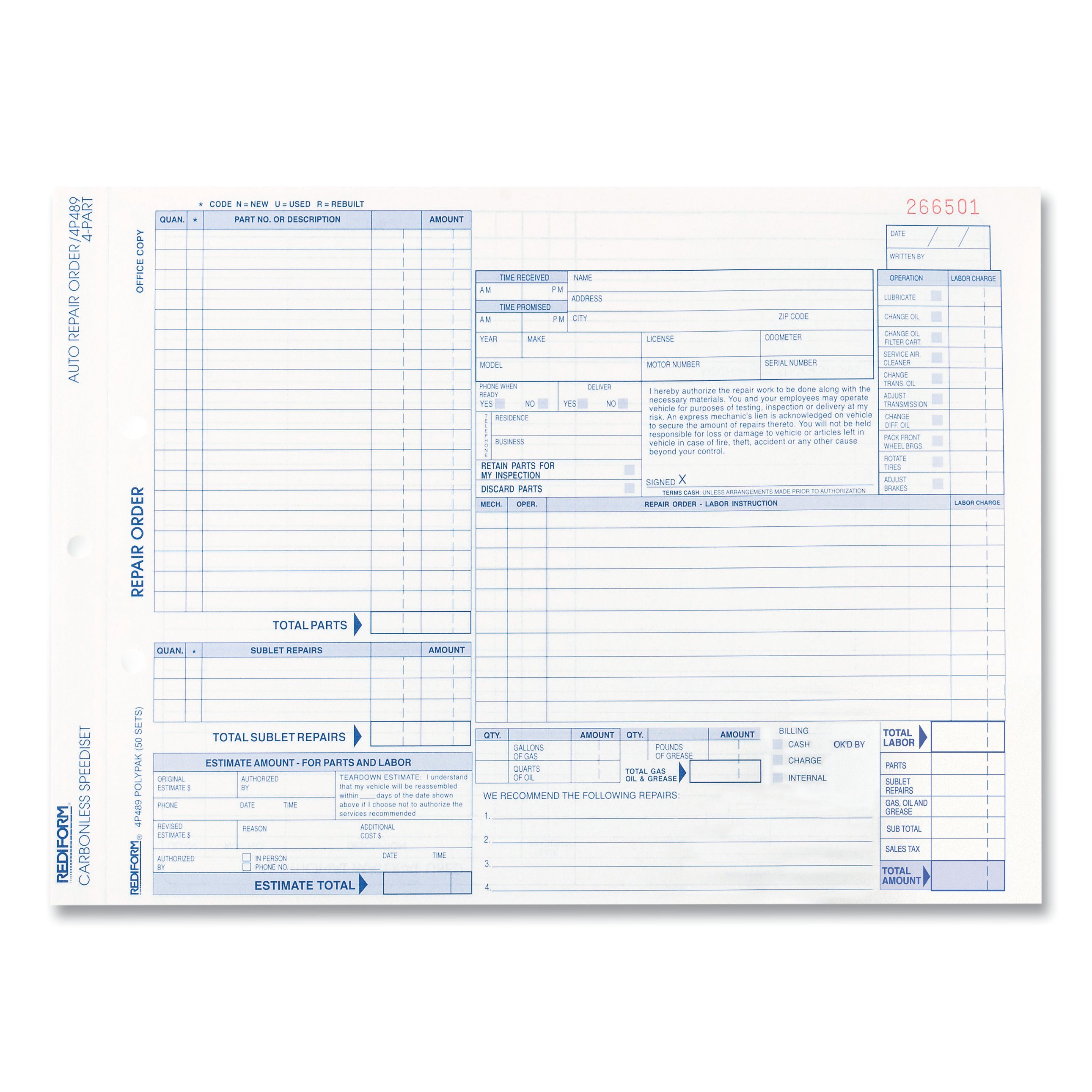REDIFORM Auto Repair Form,4 Part Carbonless,PK50
