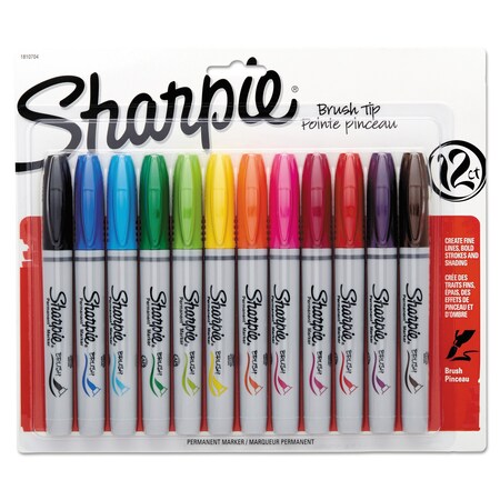 SHARPIE Permanent Marker,Brush Tip,Assorted,PK12