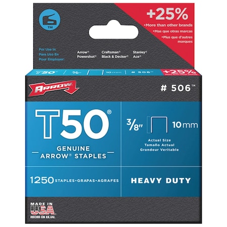 ARROW FASTENER Staples,T50,3/8x3/8 In L,PK1250