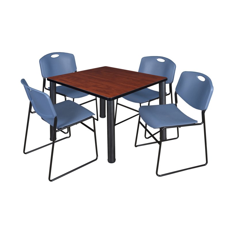 KEE/ZENG Cherry Table/4 Blue Chairs, Square,42&