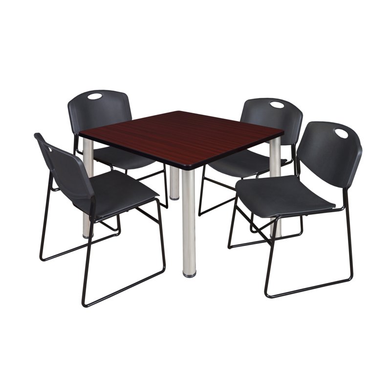 KEE/ZENG Mahogy. Table/4 Black Chairs,Square,42&,quot,