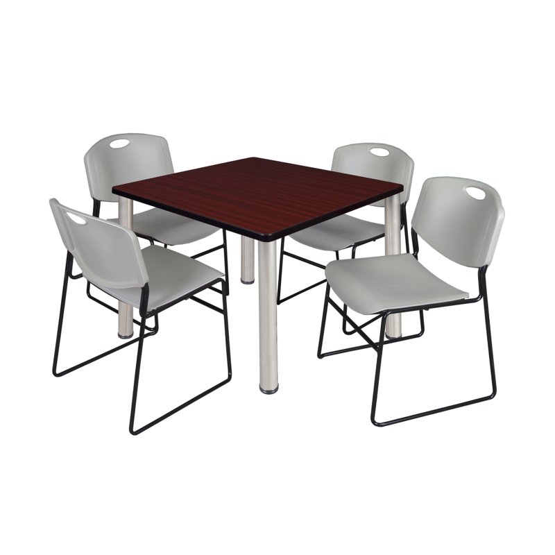 KEE/ZENG Mahogy. Table/4 Grey Chairs, Square,42&