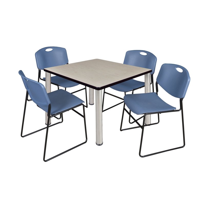 KEE/ZENG Maple Table/4 Blue Chairs, Square,42&