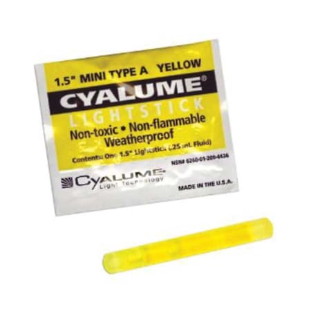 CHEMLIGHT BY CYALUME TECHNOLOGIES Lightstick,Yellow,4 hr.,1-1/2 in. L,PK50