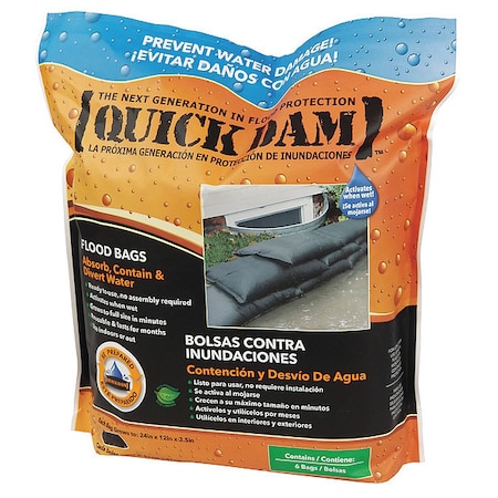 QUICK DAM Water Act Flood Bag,3-1/2&Hx2ft.L,PK6