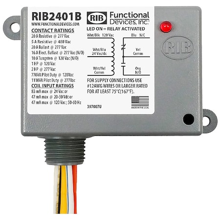 FUNCTIONAL DEVICES-RIB EnclosedPre-Wired Relay,24VAC,SPDT,20A