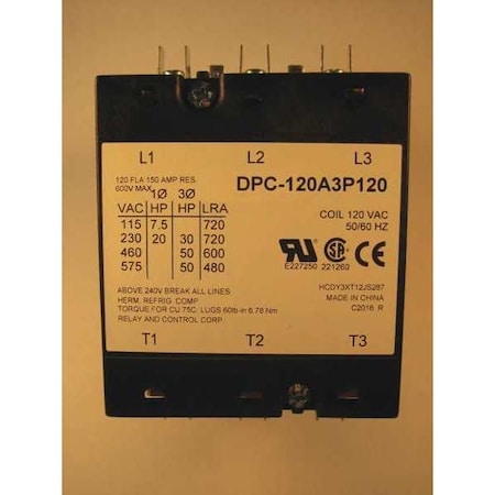 RELAY AND CONTROL Definit Purpose Contactor,120A,3P,120VAC