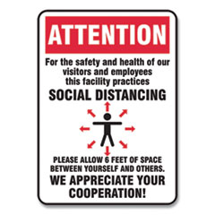 Accuform Social Distance Signs, Wall, 7 X 10, Visitors And Employees Distancing, Humans/arrows, Red/white, 10/pack