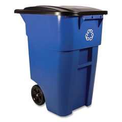 Rubbermaid Square Brute Recycling Rollout Container, 50 gal, Plastic, Blue