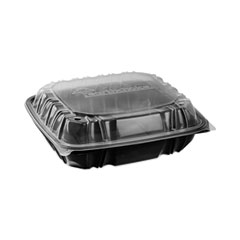 Pactiv Evergreen Corporation EarthChoice Vented Dual Color Microwavable Hinged Lid Container, 3-Compartment 34oz, 10.5x9.5x3, Black/Clear, Plastic, 132/CT