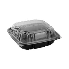 Pactiv Evergreen Corporation EarthChoice Vented Dual Color Microwavable Hinged Lid Container, 3-Compartment, 21oz, 8.5x8.5x3, Black/Clear, Plastic, 150/CT