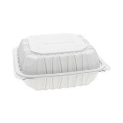 Pactiv Evergreen Corporation EarthChoice Vented Microwavable MFPP Hinged Lid Container, 8.5 x 8.5 x 3.1, White, Plastic, 146/Carton