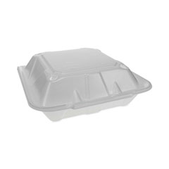 Pactiv Evergreen Corporation Vented Foam Hinged Lid Container, Dual Tab Lock Economy, 3-Compartment, 9.13 x 9 x 3.25, White, 150/Carton