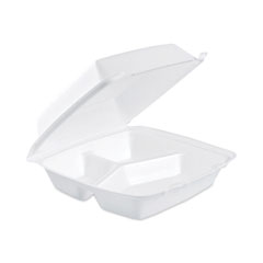 Dart Insulated Foam Hinged Lid Containers, 3-Compartment. 7.9 x 8.4 x 3.3, White, 200/Carton