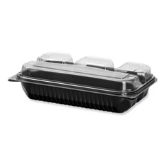 Dart Creative Carryouts Hinged Plastic Hot Deli Boxes, 4-Compartment, 8.05 x 11.5 x 2.95, Black/Clear, 100/Carton