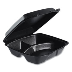 Dart Insulated Foam Hinged Lid Containers, 3-Compartment, 9.01 x 9.4 x 3.1, Black, 200/Carton