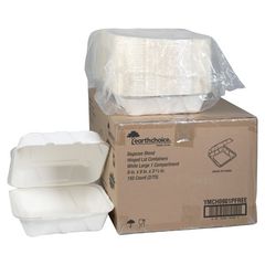 Pactiv Evergreen Corporation EarthChoice PFAS Free Compostable Hinged Lid Container, 9 x 9 x 3, Natural, Sugarcane, 150/Carton