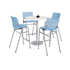 KFI Studios Pedestal Bistro Table with Four Sky Blue Kool Series Barstools, Round, 36