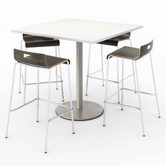 KFI Studios Pedestal Bistro Table with Four Espresso Jive Series Barstools, Square, 36x36x41, Designer White, Ships in 4-6 Business Days
