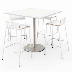 KFI Studios Pedestal Bistro Table with Four White Jive Series Barstools, Square, 36 x 36 x 41, Designer White, Ships in 4-6 Business Days
