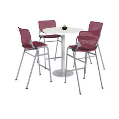 KFI Studios Pedestal Bistro Table with Four Burgundy Kool Series Barstools, Round, 36