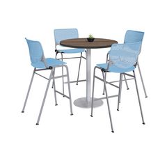 KFI Studios Pedestal Bistro Table with Four Sky Blue Kool Series Barstools, Round, 36