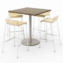 KFI Studios Pedestal Bistro Table with Four Natural Jive Series Barstools, Square, 36 x 36 x 41, Studio Teak, Ships in 4-6 Business Days