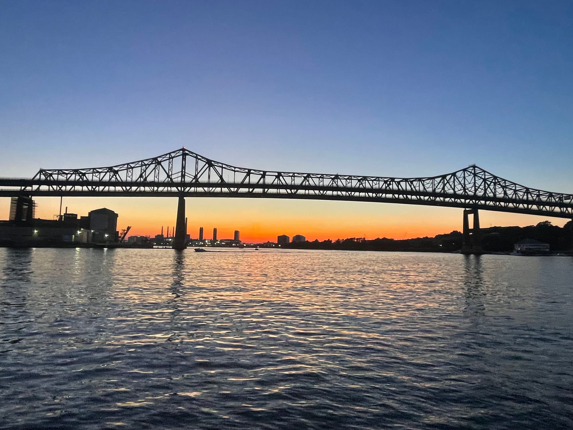 Sunset under the Tobin Bridge on Boston Harbor